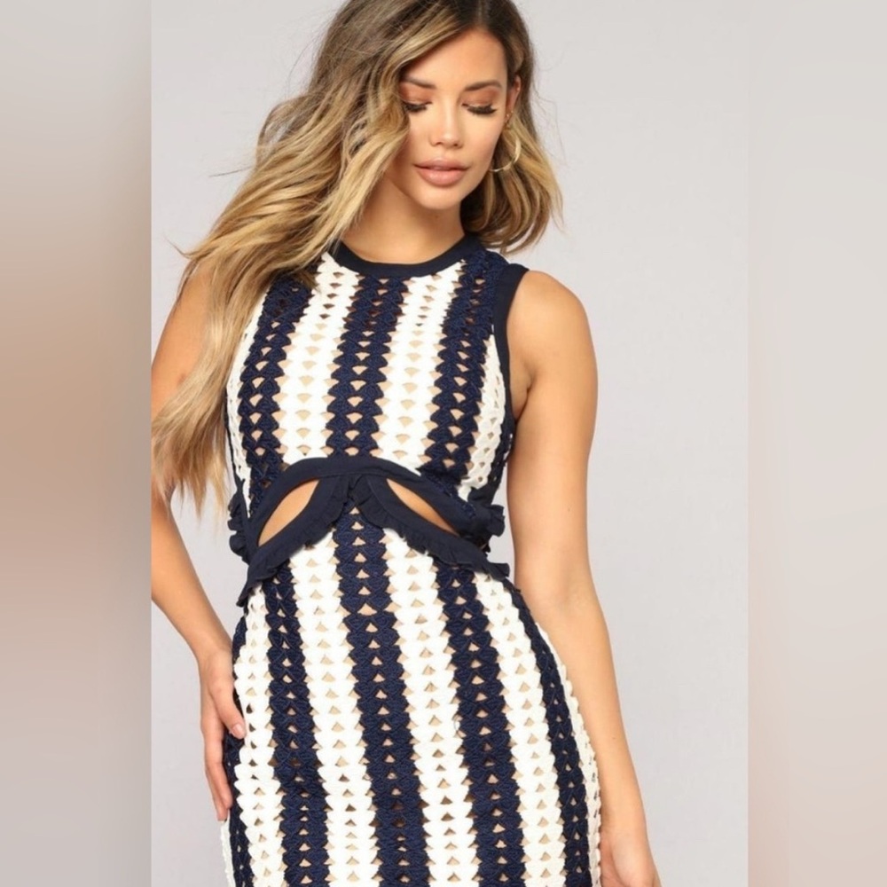Navy and White Crochet Cutout Dress